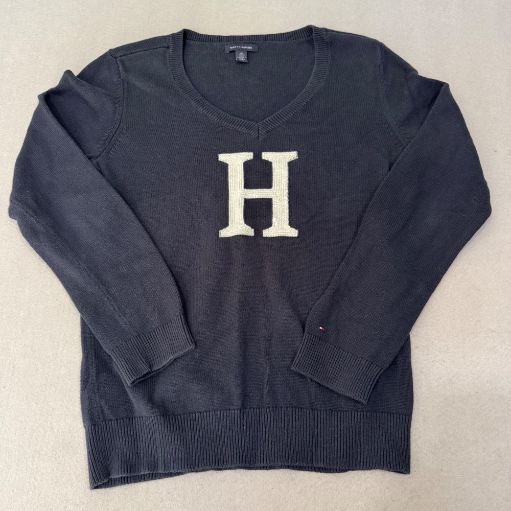 Tommy Hilfiger V-Neck Sweater Women Large Navy Blue Sequined H Logo Cotton Knit